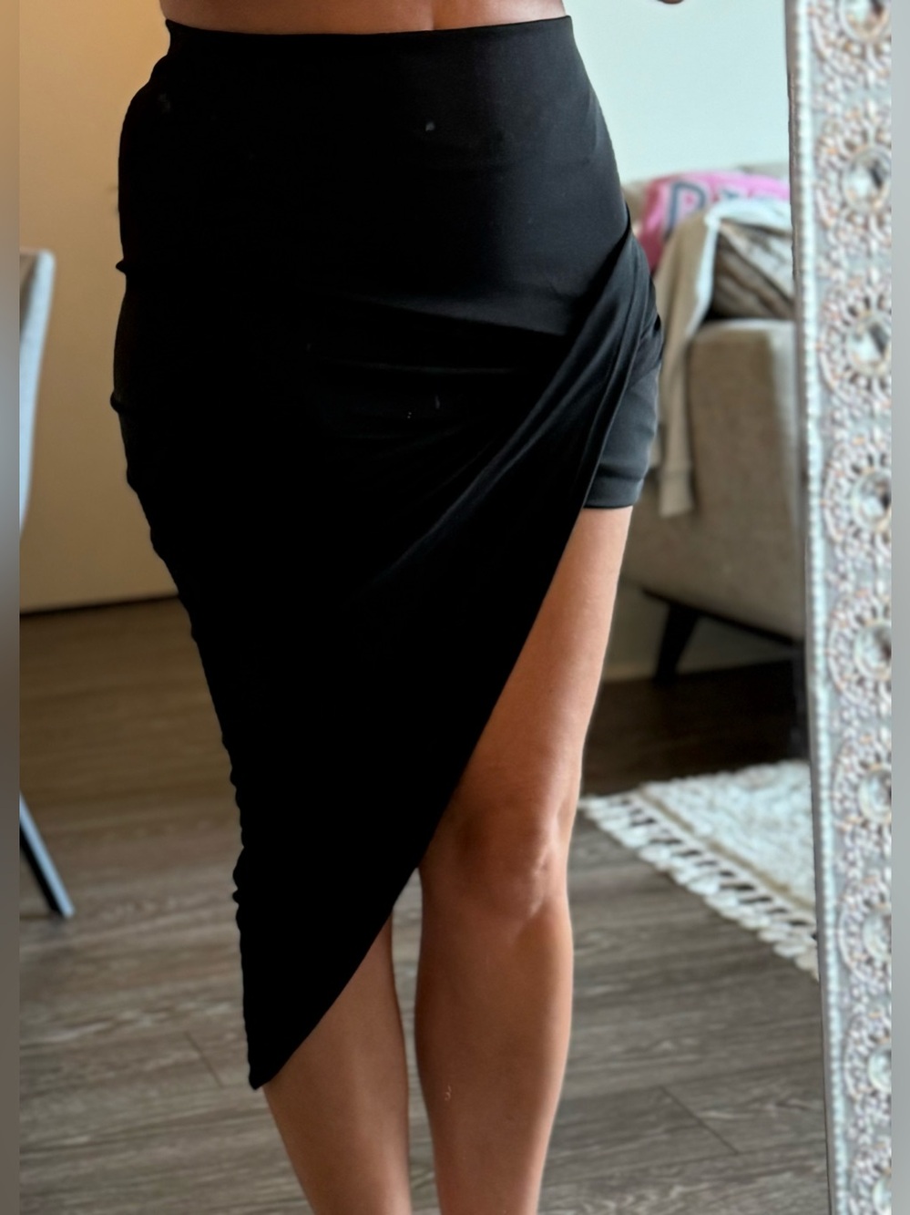Black Asymmetrical Wrap Midi Skirt